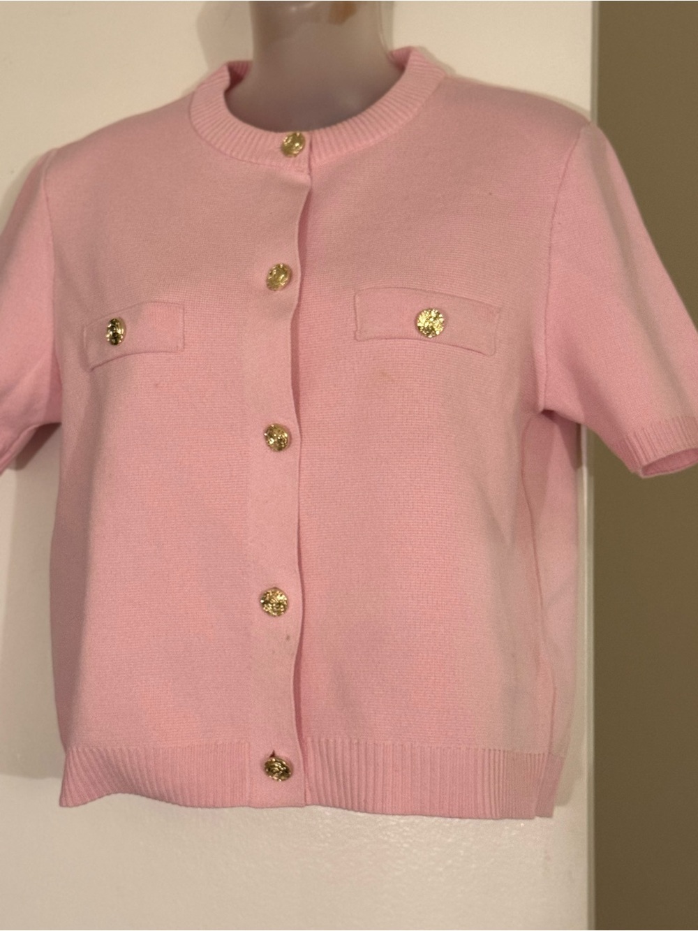 Zara Pink Short-Sleeve Ribbed Cardigan with Gold Buttons